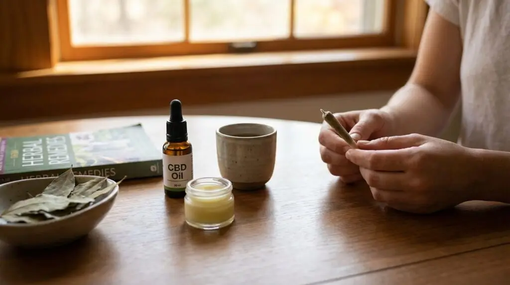 Person holding cannabis pre-roll at wooden table with CBD oil tincture, topical balm, ceramic cup, and herbal remedies book in natural morning light