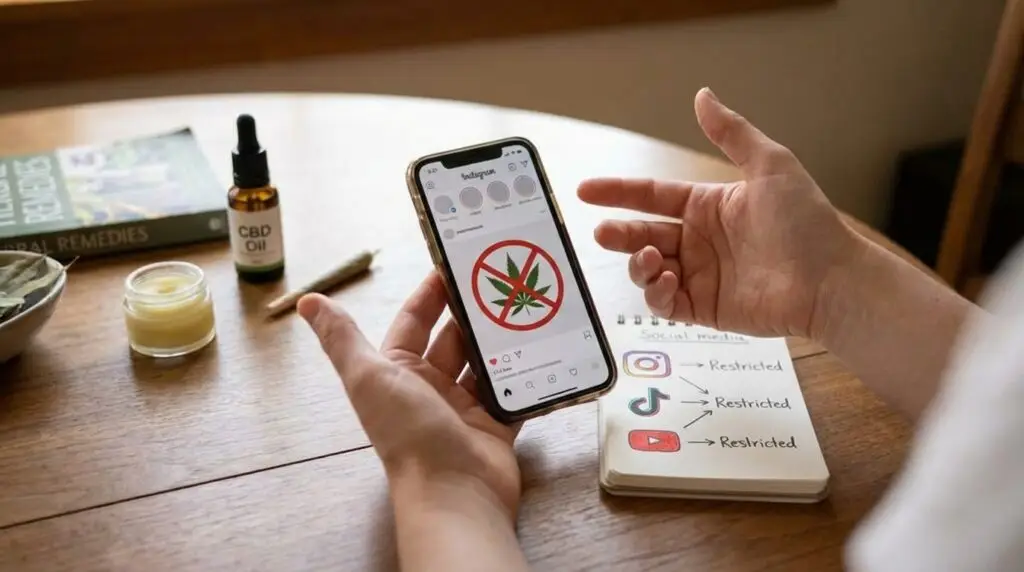 Hands holding smartphone showing cannabis prohibition symbol on Instagram with notebook listing social media platforms marked restricted, CBD products on wooden table